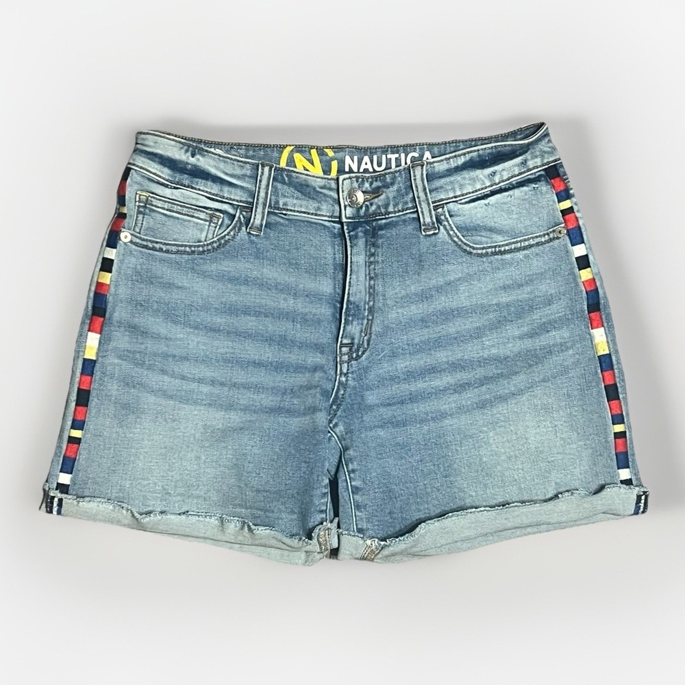 Nautica Denim Shorts Womens 26 Blue Stripe Side Mid Rise Cuffed Raw Hem